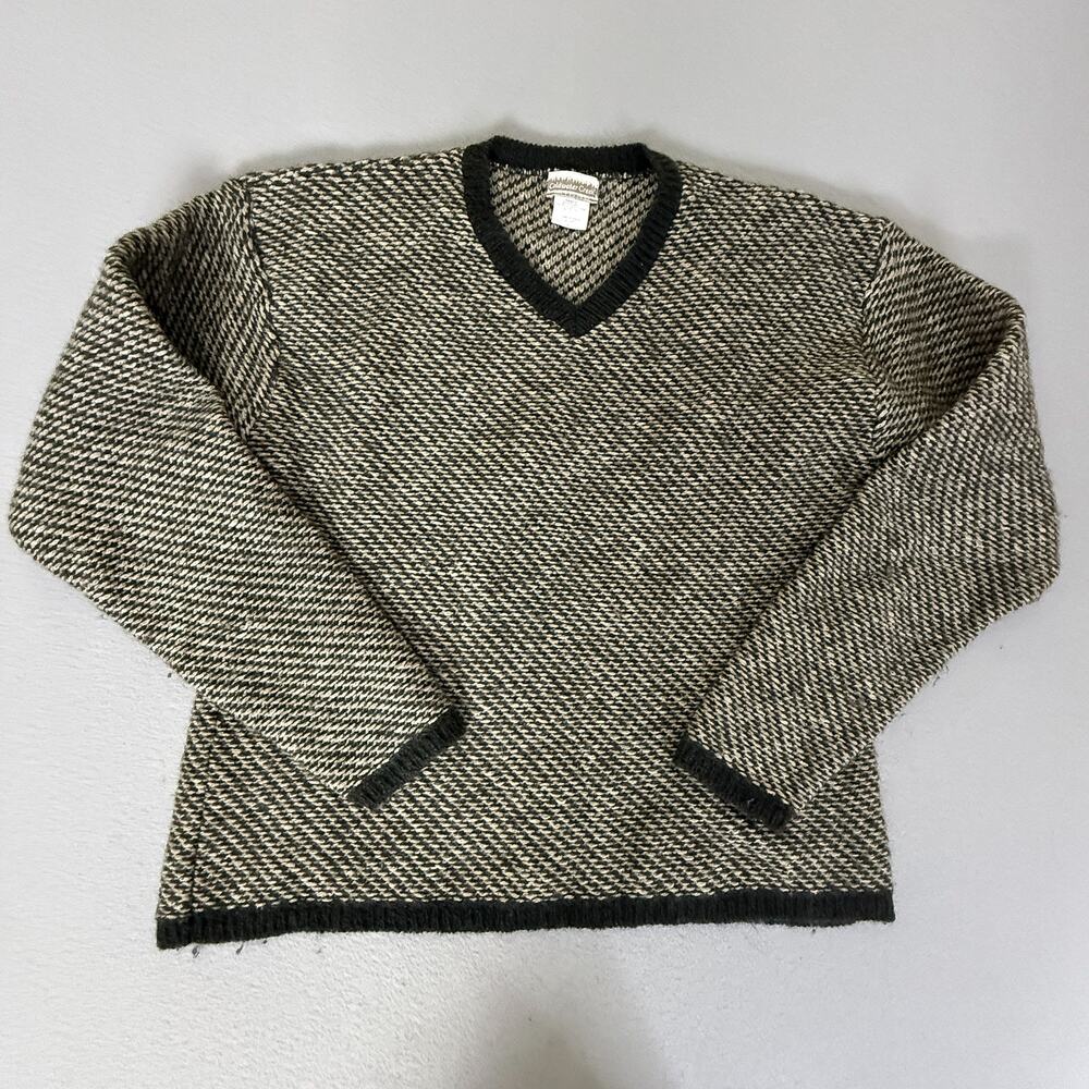 Coldwater Creek Wool Cotton Blend V-Neck Sweater Black Cream Textured Knit USA